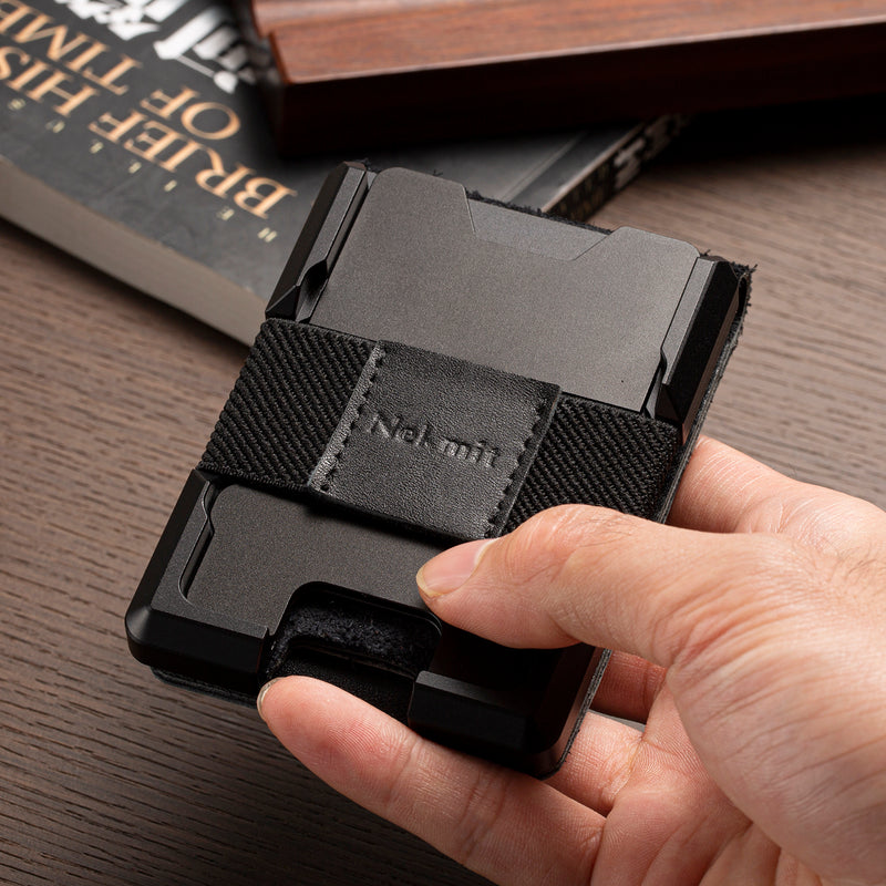 Nekmit Bifold Genuine Leather Wallet For Men, EDC, Slim, Aluminum Metal, RFID Blocking, Minimalist,Black