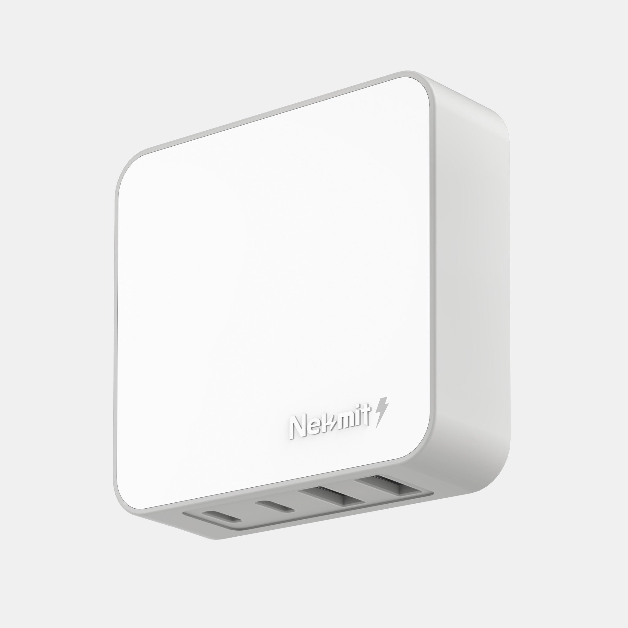 White electronic device with multiple ports on a light gray background