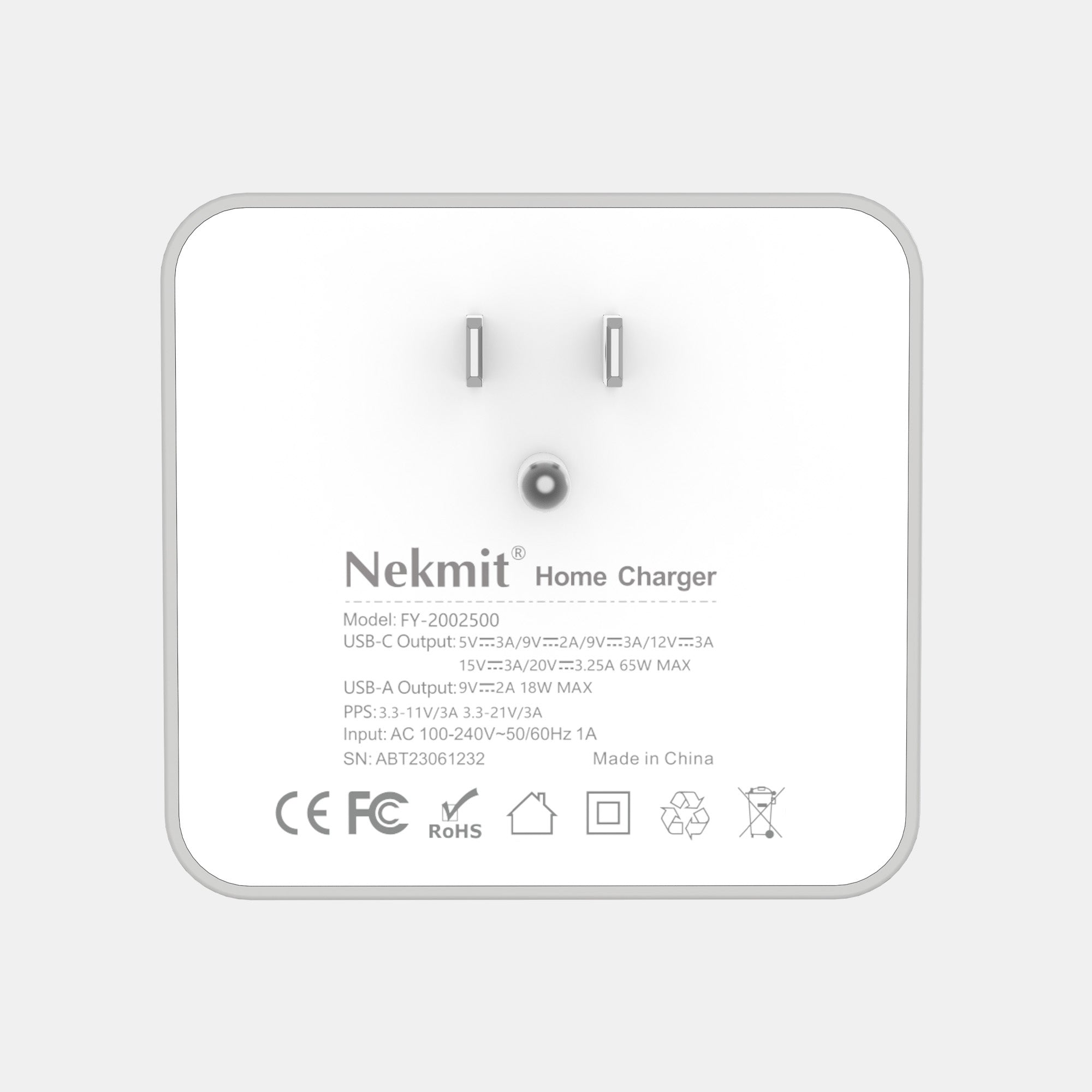 Nekmit home charger with specifications on a white background