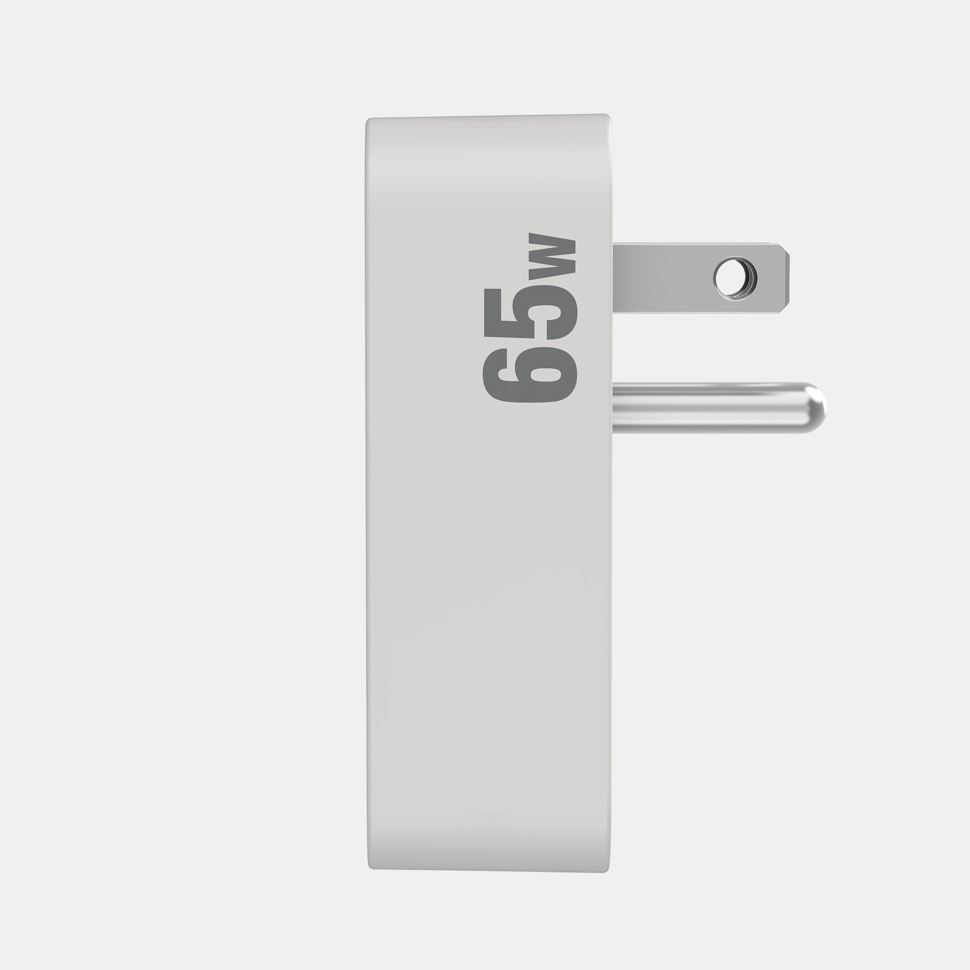 Power adapter with '65W' rating on a light gray background