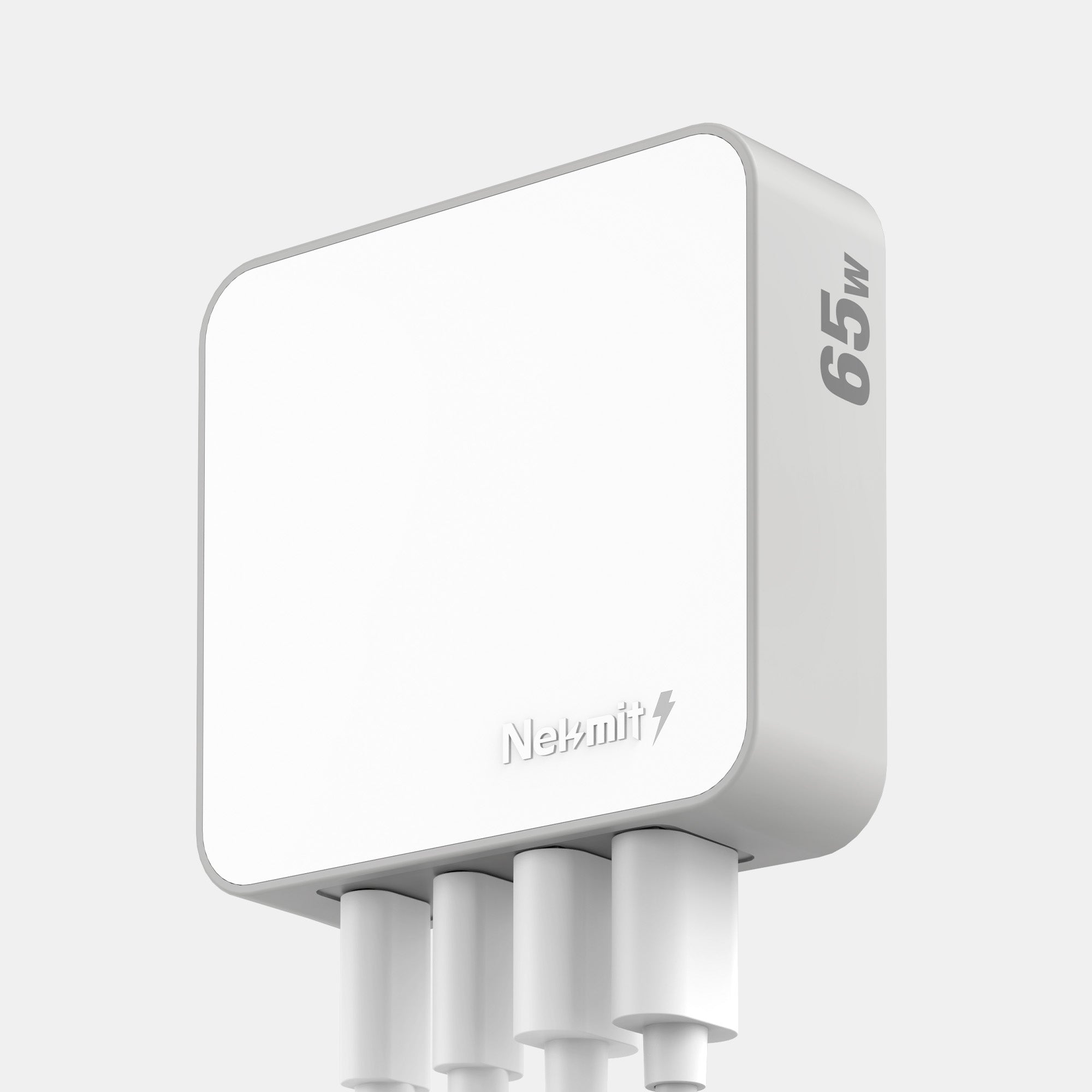 White power adapter with multiple outlets on a light gray background