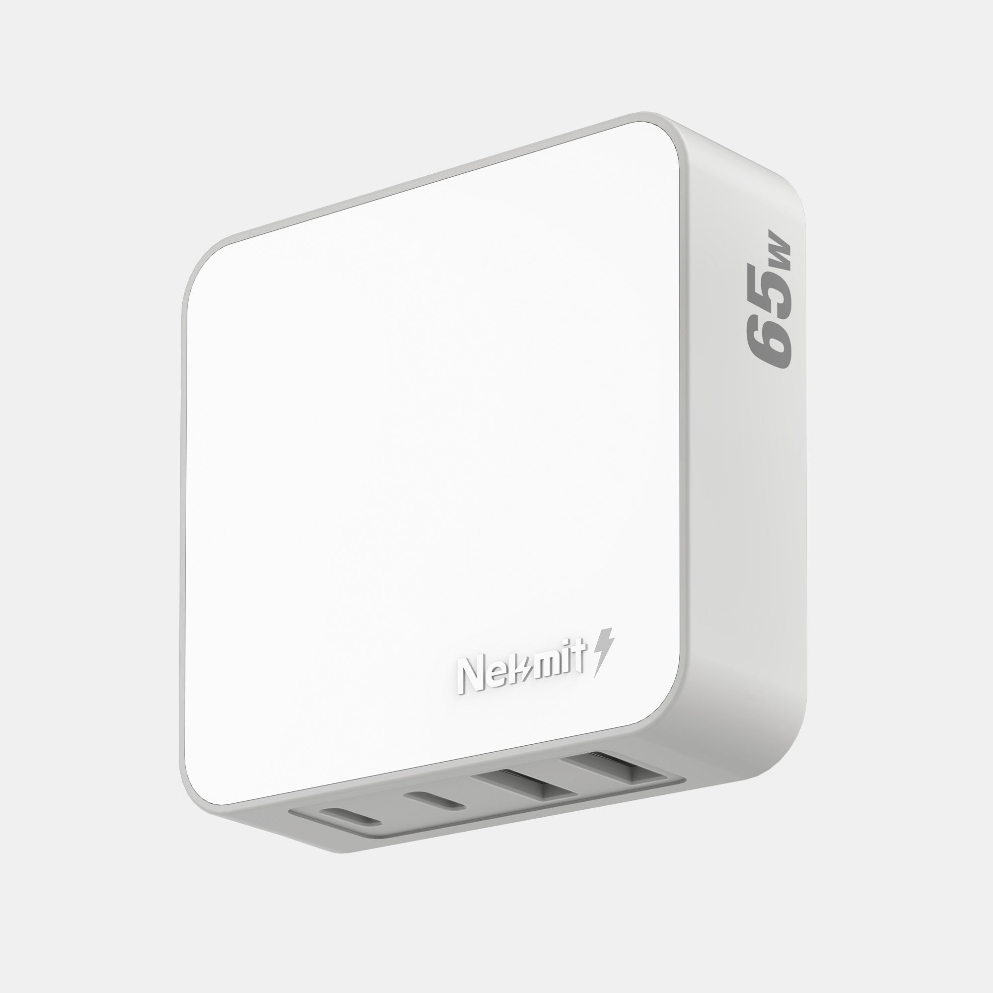 White power adapter with multiple ports on a light gray background