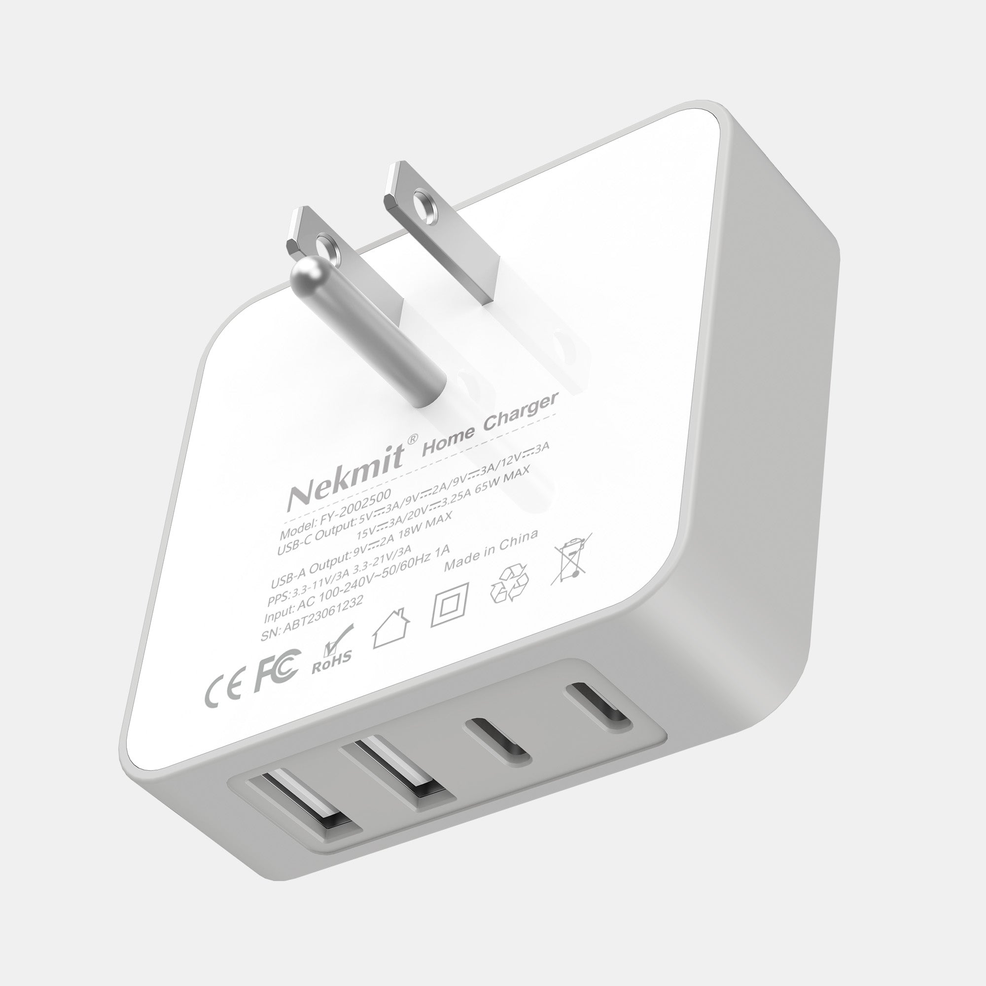 Nekmit home charger with multiple USB ports on a light gray background