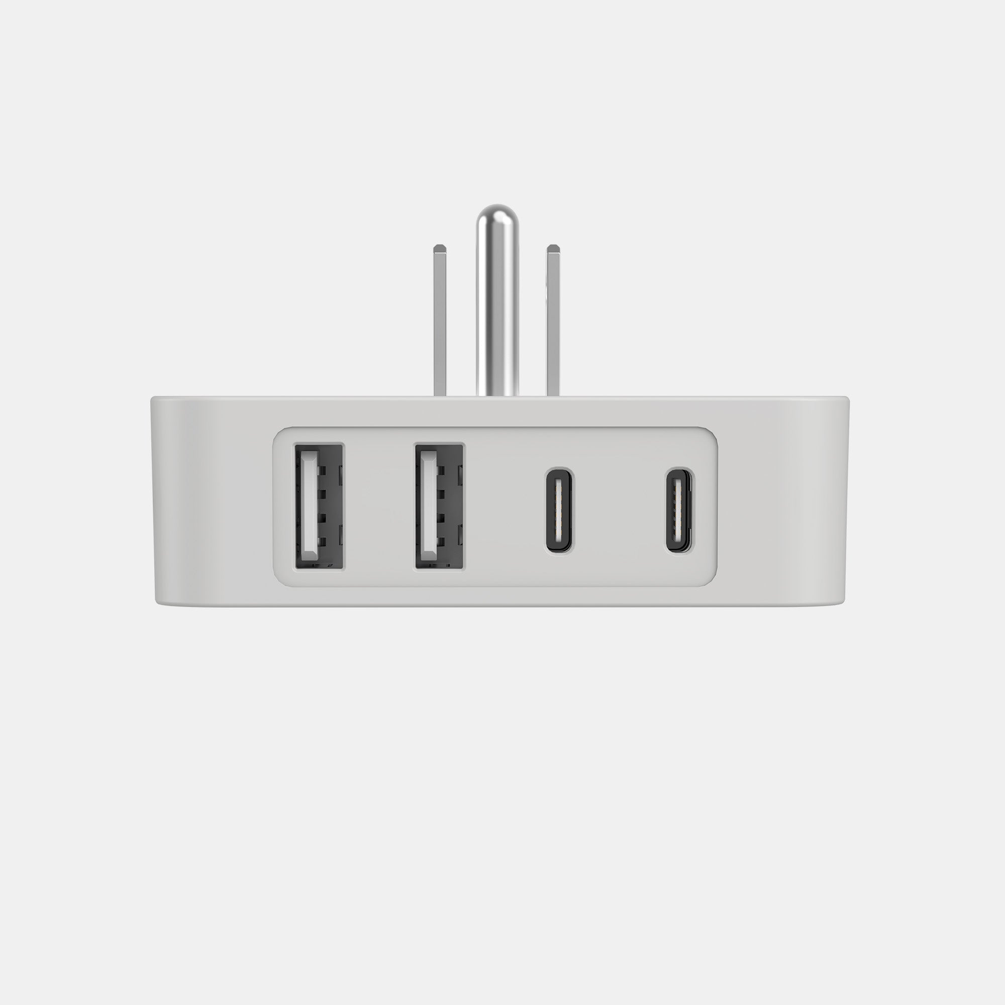 White USB hub with four ports on a light gray background