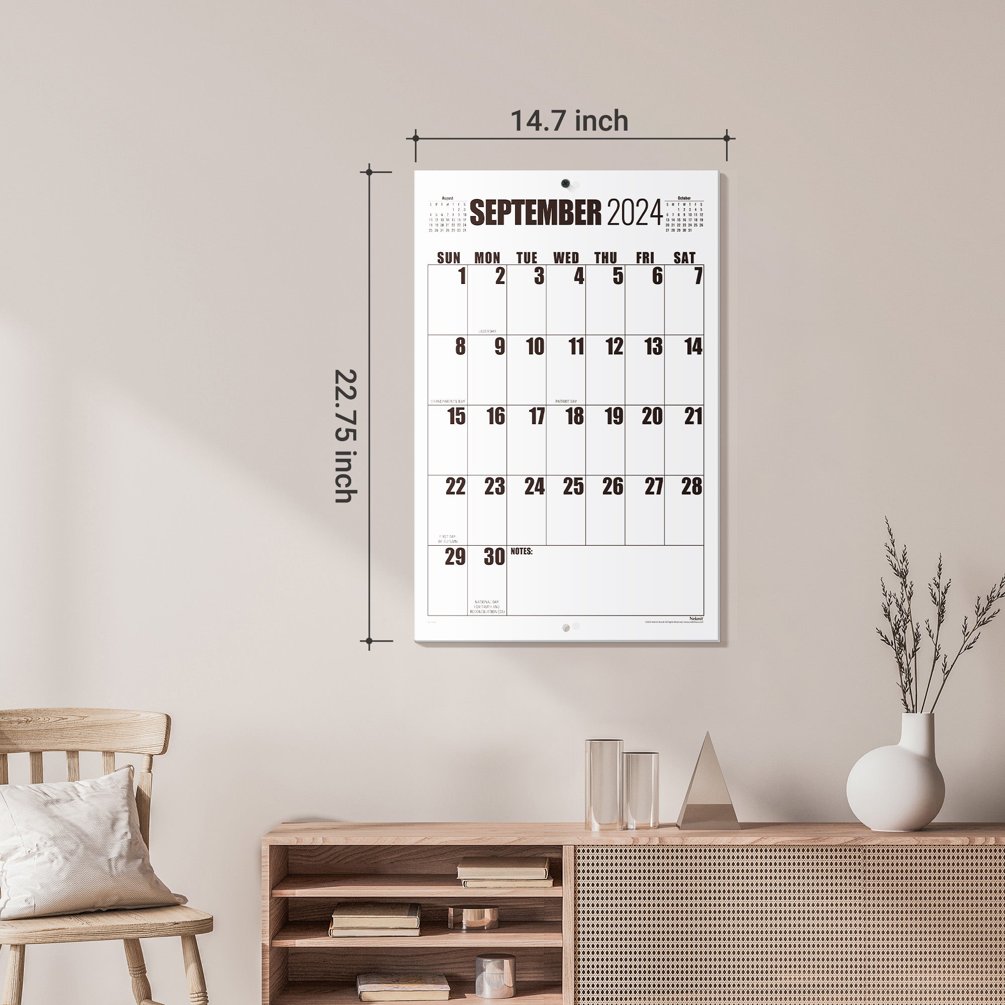 Nekmit 2024-2025 Large Print Big Grid Wall Calendar 22 3/4" x 14 3/4"