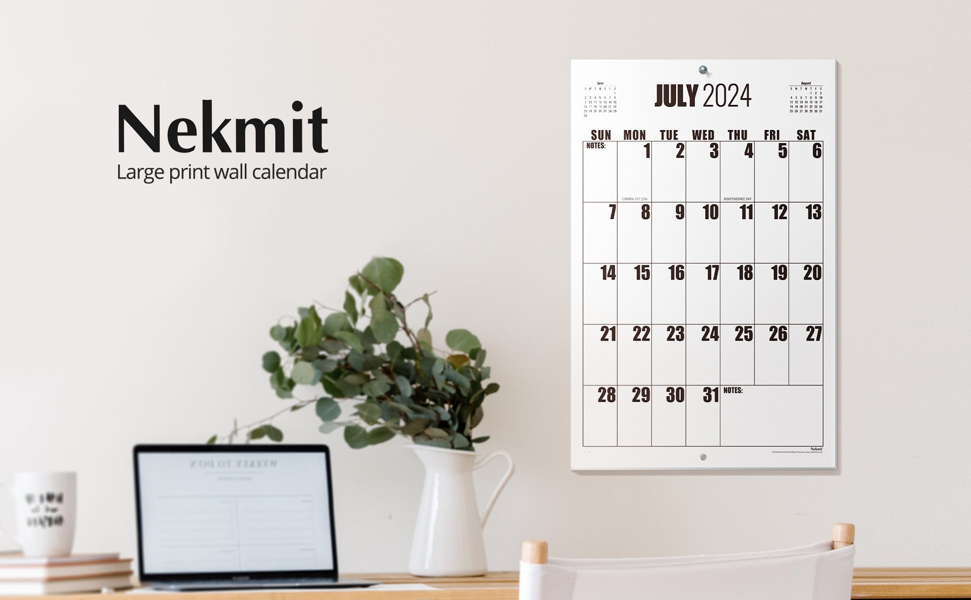 Nekmit 2024-2025 Large Print Big Grid Wall Calendar 22.75 x 15.5 inch