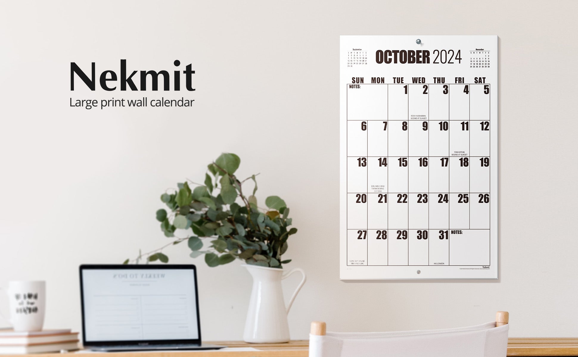 Nekmit 2024-2025 Large Print Big Grid Wall Calendar 22.75" x 15.5"