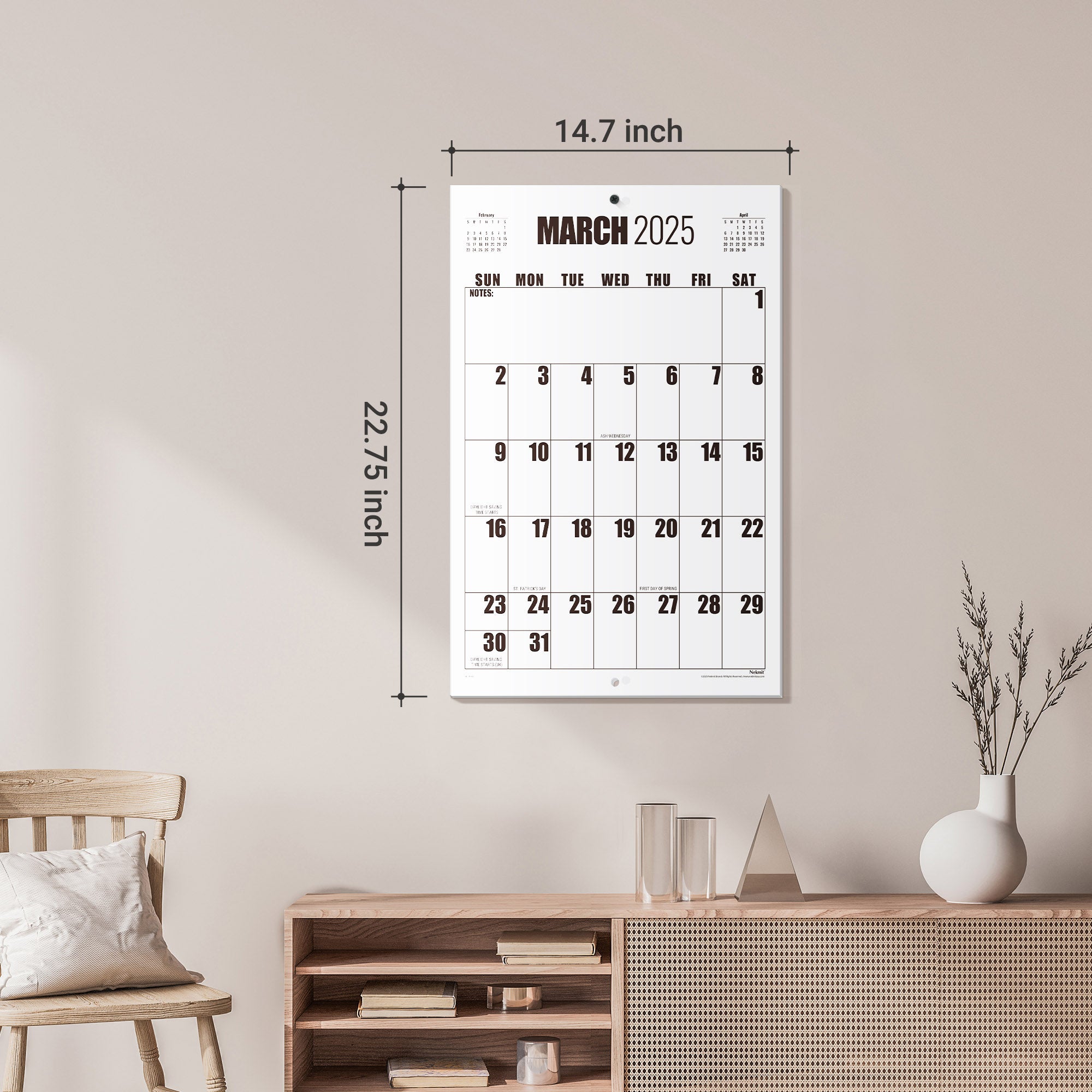 Nekmit 2025 - 2026 Large Print Big Grid Wall Calendar 22 3/4" x 14 3/4"