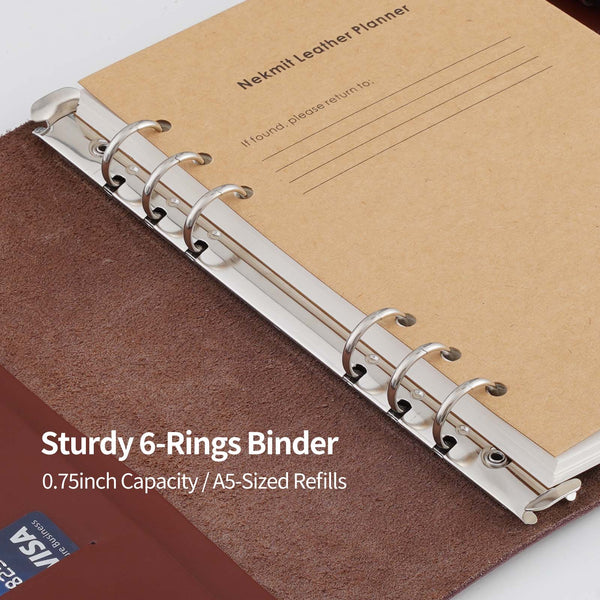 Nekmit 2023-2024 A5 Genuine Leather 6 Ring Binder Refillable Planner