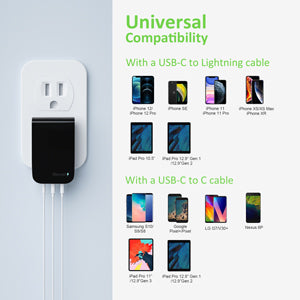 30W 3-Port USB-C Charger with Foldable Plug, 2 Pack