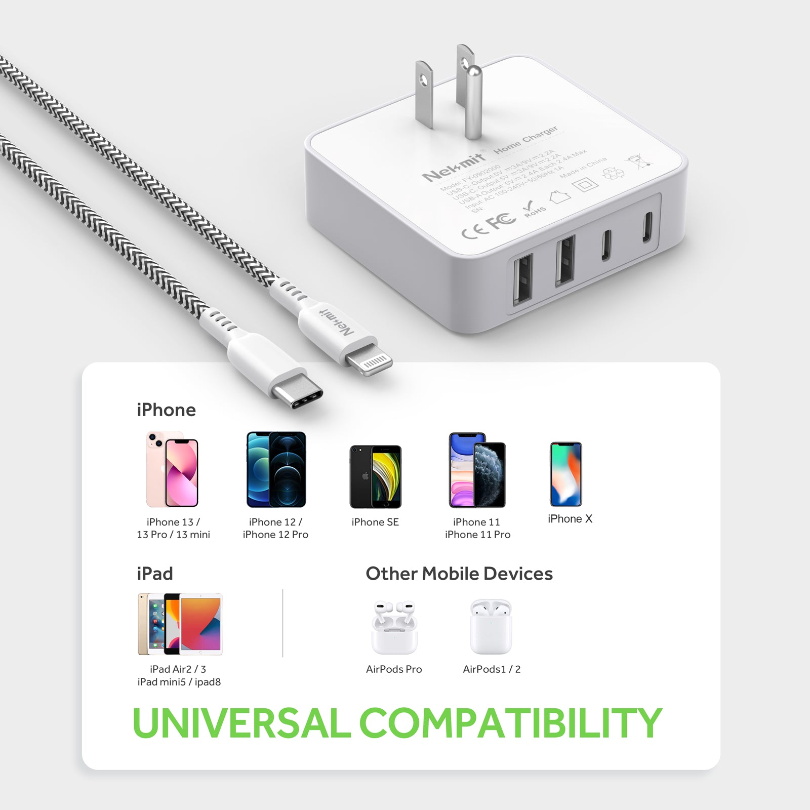 Nekmit 52W 4-Port Thin Flat Wall Charger USB-C With 6.6FT USB-C To Lightning Cable