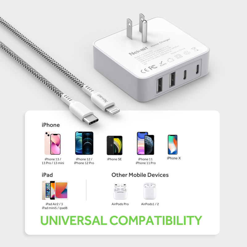 52W 4-Port USB-C Wall Charger with 6.6FT USB-C to Lightning Cable