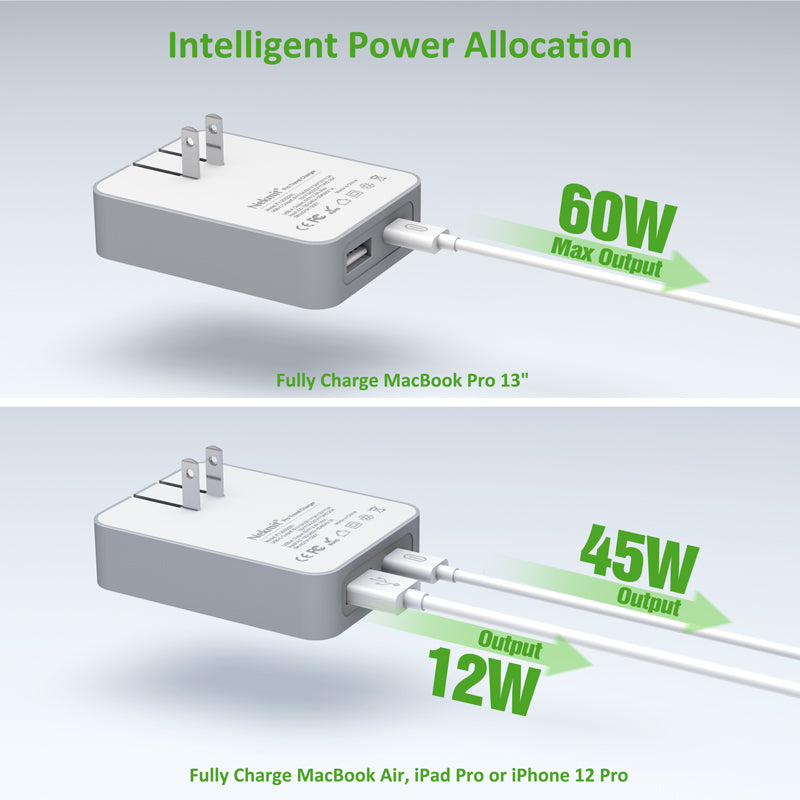 Nekmit 60W Dual Port USB-C Travel Charger With PD 3.0 & GaN Tech (2 Pack)