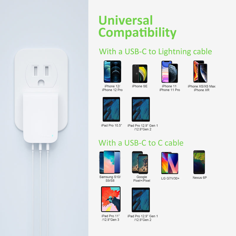 30W 3-Port USB-C Charger with Foldable Plug, 2 Pack